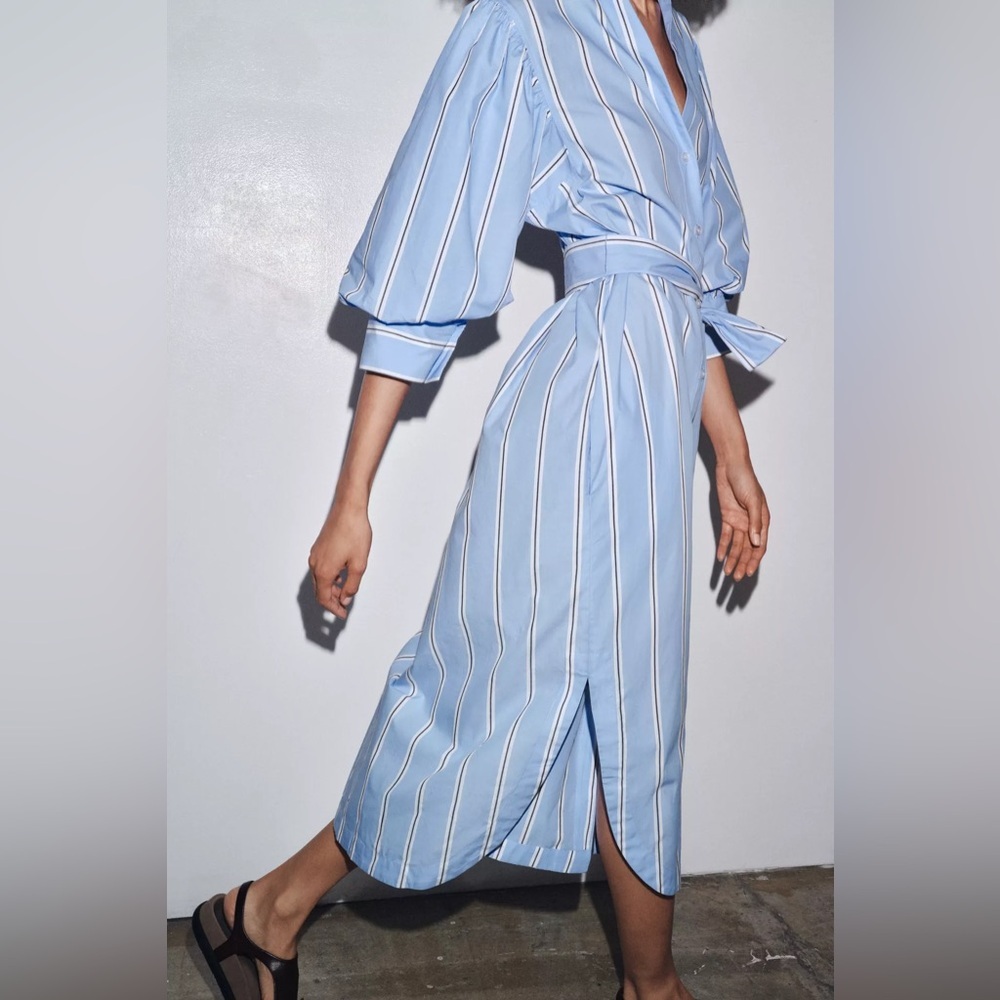 Zara ZW Blue Striped Belted Shirt Dress Puff Sleeves 100% Cotton Buttons NWT XS - Picture 9 of 15